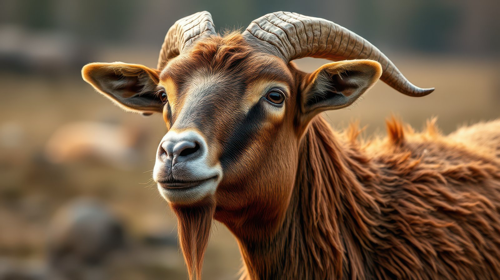 Majestic goat with impressive horns gazes at the camera in a natural setting during golden hour
